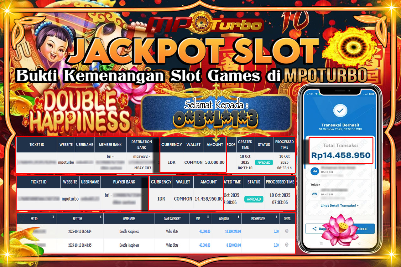 MPOTURBO JACKPOT SLOT DOUBLE HAPPINESS - PLAYSTAR Rp 14,458,950.00,- LUNAS